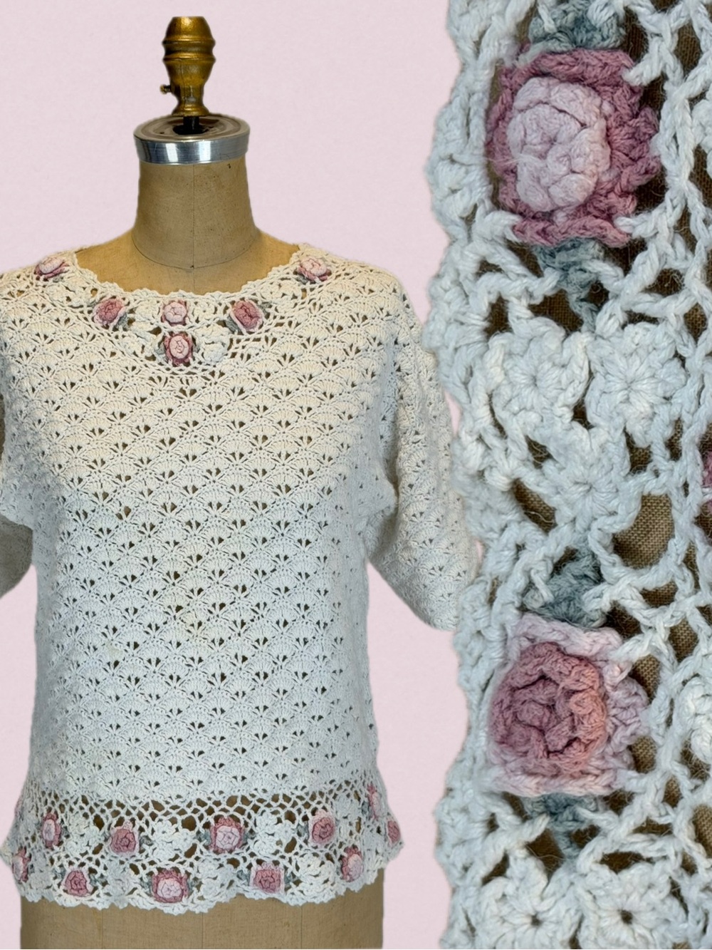 VINTAGE crochet flower rose knit sweater short sleeve cottagecore garden floral